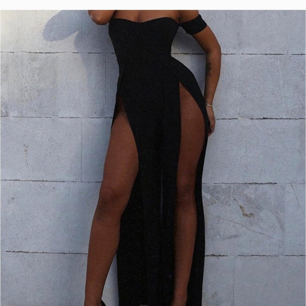 Off shoulder high slit dress jumpsuit